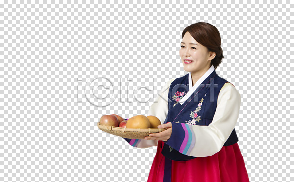 40대 동양인 성인 여자 여자만 한국인 한명 PNG 편집이미지 광주리 들기 명절 배(과일) 사과(과일) 상반신 웃음 편집 편집소스 한국전통 한복