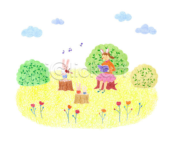 어린이 여자 한명 PSD 일러스트 구름(자연) 꽃 나무밑둥 독서 동물 바이올린 연주 책 토끼 풀잎