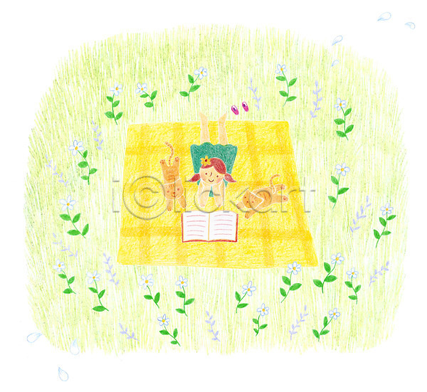 어린이 여자 한명 PSD 일러스트 고양이 꽃 독서 돗자리 동물 두마리 엎드리기 책 풀잎