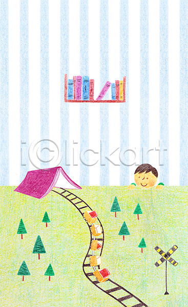 남자 어린이 한명 PSD 일러스트 기차 기차모형 나무 독서 방 선반 실내 책