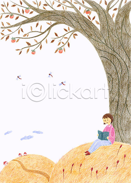 어린이 여자 한명 PSD 일러스트 가을(계절) 감나무 구름(자연) 나무 독서 잠자리 주택 책