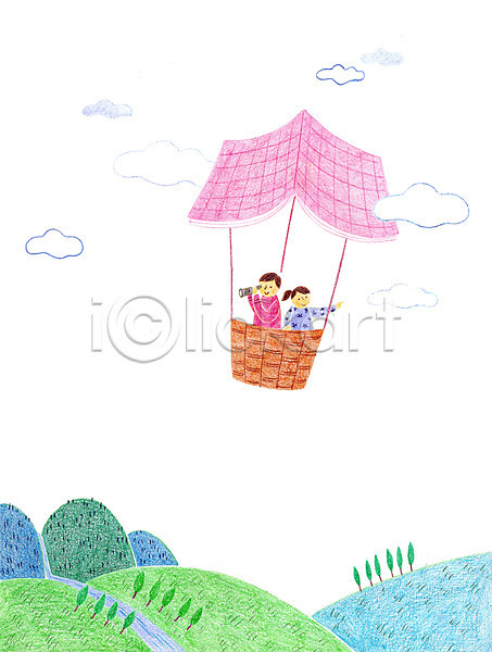 남자 두명 어린이 여자 PSD 일러스트 구름(자연) 나무 독서 망원경 산 야외 열기구 주간 책