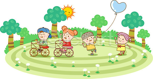 순수 천진난만 호기심 활발 남자 어린이 여러명 여자 유치원생 AI(파일형식) 일러스트 나무 놀이 유치원 자전거 태양 풍선