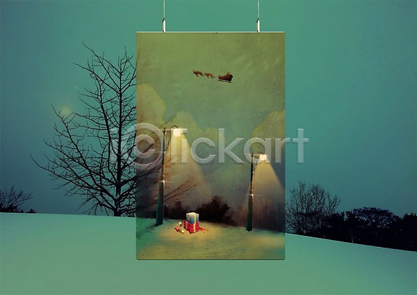 남자 사람 한명 PSD 편집이미지 가로등 겨울 나무 눈 루돌프 백그라운드 빛 선물상자 액자레일 야간 야외
