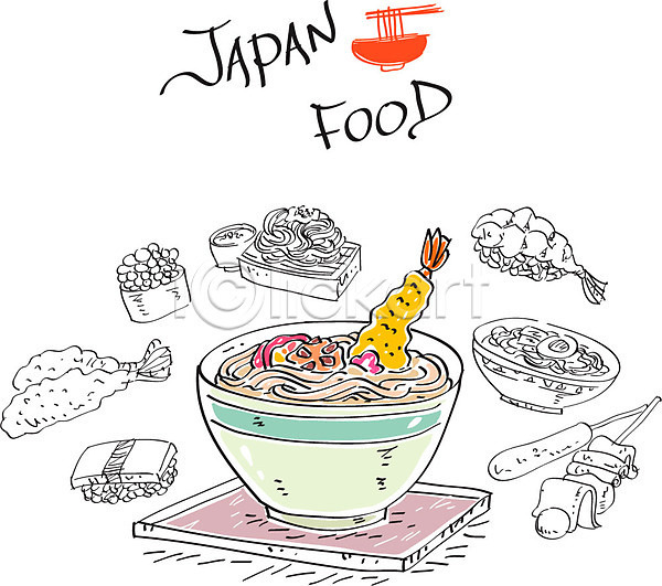 사람없음 AI(파일형식) 일러스트 라멘 롤스시 메밀국수 어묵꼬치 우동 음식 일본 일본음식 튀김