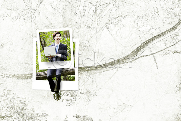 남자 성인 한국인 한명 JPG 편집이미지 나뭇가지 노트북 디지털아트 비즈니스맨 사진필름 정장 콜라주 폴라로이드사진 프레임