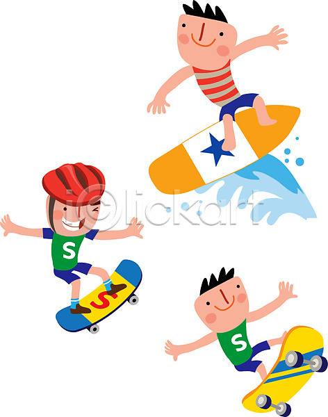남자 성인 세명 AI(파일형식) 일러스트 건강관리 서핑 서핑보드 세트 스케이트보드 스티커 운동 파도 헬멧