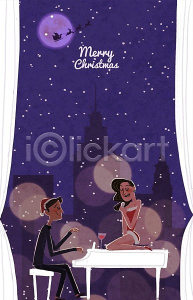 남자 두명 성인 여자 PSD 일러스트 건반 공연 눈 마이크 뮤지컬 산타모자 악기 와인잔 커튼 크리스마스 포스터 피아노(악기)