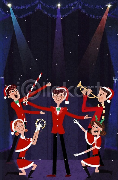 남자 성인 여러명 여자 PSD 일러스트 공연 뮤지컬 산타옷 조명 지팡이 커튼 크리스마스 탬버린 트럼펫 포스터