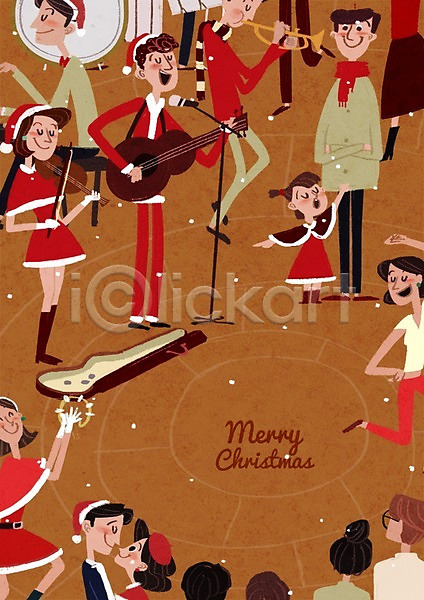 남자 성인 어린이 여러명 여자 PSD 일러스트 공연 기타 길거리공연 바이올린 산타옷 연주 크리스마스 탬버린 트럼펫 포스터