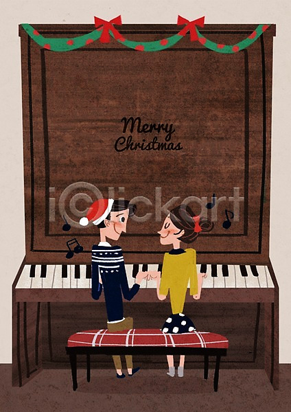 남자 두명 성인 여자 PSD 일러스트 건반 공연 산타모자 악기 연주 음표 크리스마스 포스터 피아노(악기)
