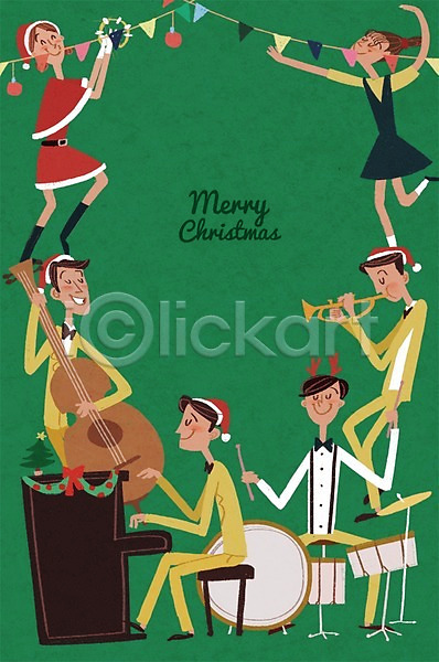 남자 성인 여러명 여자 PSD 일러스트 건반 공연 드럼 악기 연주 콘트라베이스 크리스마스 탬버린 트럼펫 포스터 피아노(악기)