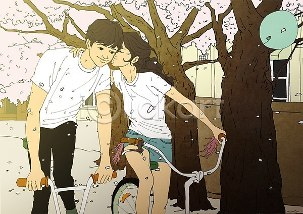 설레임 남자 두명 성인 여자 PSD 일러스트 데이트 벚꽃 벚나무 봄 아트툰 야외 자전거 주간 커플 키스 풍선