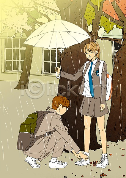 설레임 남자 여자 청소년 PSD 일러스트 교복 나무 비 아트툰 야외 우산 주간 커플 학생