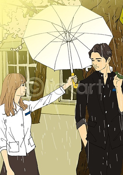 설레임 남자 두명 여자 청소년 PSD 일러스트 교복 나무 비 아트툰 야외 우산 주간 학생
