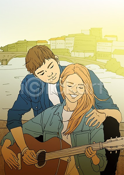 설레임 남자 두명 성인 여자 PSD 일러스트 건물 기타 다리 마을 아트툰 야외 연주 주간 커플