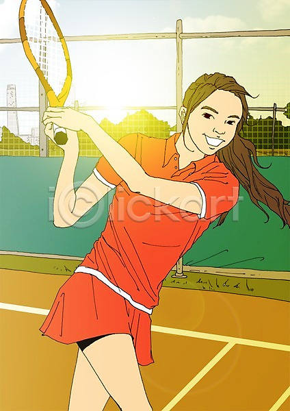설레임 열정 자부심 자신감 청춘(젊음) 사람 성인 여자 한명 PSD 일러스트 야외 주간 테니스 테니스라켓 테니스복 테니스장
