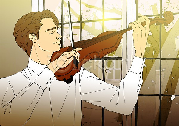 설레임 열정 자부심 자신감 청춘(젊음) 남자 사람 성인 한명 PSD 일러스트 바이올린 실내 연주