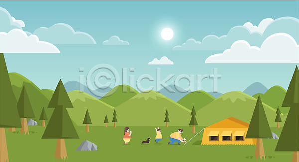 남자 성인 세명 어린이 여자 AI(파일형식) 일러스트 가족 강아지 구름(자연) 나무 망치 바위 산 아들 아빠 야외 엄마 원페이지 주간 캠핑 태양 텐트 하늘