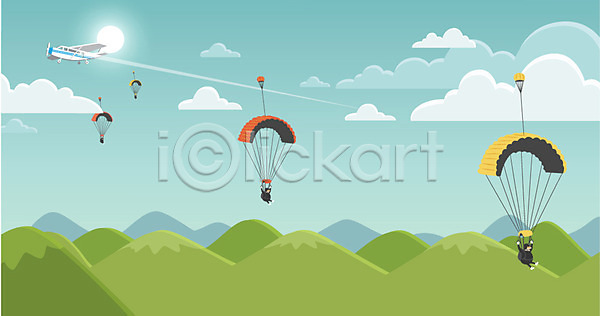 사람 여러명 AI(파일형식) 일러스트 구름(자연) 낙하산 비행기 산 스카이다이빙 야외 원페이지 주간 태양 하늘 헬멧
