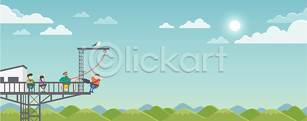 남자 성인 여러명 여자 AI파일 일러스트 구름 국내일러스트 번지대 번지점프 산 안전장비 야외 원페이지 조류 주간 줄 태양 하늘