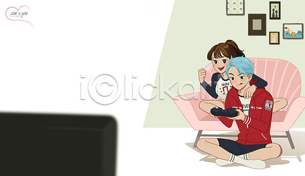 다정 사랑 설레임 함께함 남자 두명 성인 여자 PSD 일러스트 게임 게임기 데이트 만화 실내 액자 의자 커플