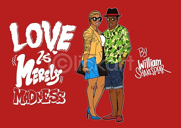 다정 사랑 함께함 남자 두명 성인 여자 흑인 PSD 일러스트 모자(잡화) 선글라스 영어 전신 커플 클러치 패션