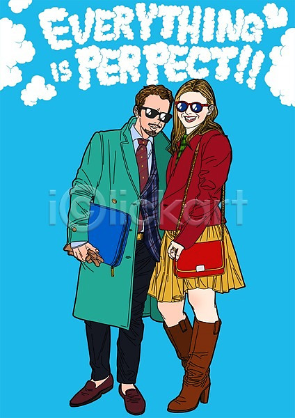 다정 사랑 함께함 남자 두명 성인 여자 PSD 일러스트 가방 선글라스 영어 장갑 전신 커플 코트 패션