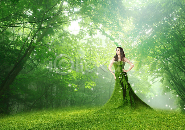 서양인 성인 성인여자한명만 여자 외국인 한명 PSD 편집이미지 나무 녹색배경 드레스 서기 숲 잔디 전신 환경