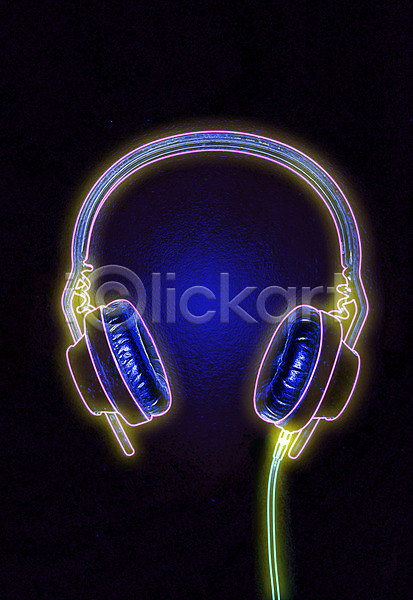 사람없음 JPG 디지털합성 편집이미지 검은배경 네온 네온아트 디지털아트 빛 음악 헤드셋 형광