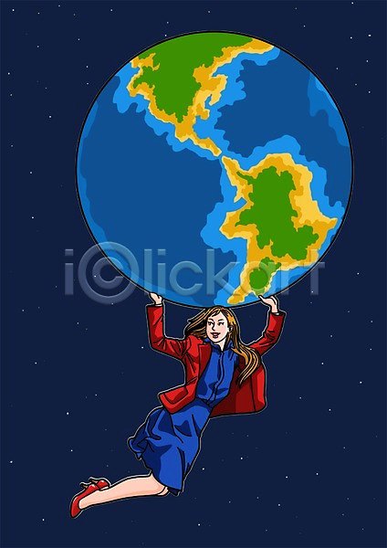 성인 여자 한명 PSD 일러스트 들어올리기 우먼라이프 우주 전신 지구