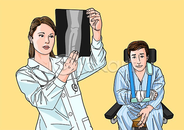 남자 두명 성인 여자 PSD 일러스트 붕대 엑스레이 우먼라이프 의사 의사가운 청진기 환자