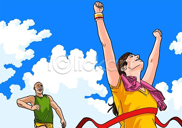 경쟁 남자 두명 성인 여자 PSD 일러스트 구름(자연) 달리기 손들기 수건 아대 야외 우먼라이프 우승 주간