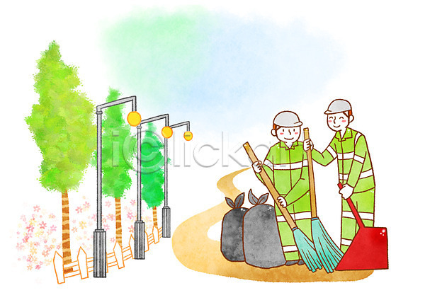 희망 남자 두명 성인 PSD 일러스트 가로등 거리 나무 미화원 빗자루 쓰레기봉투 쓰레받기 울타리 환경미화원