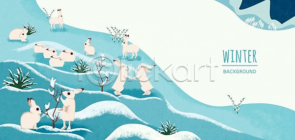 사람없음 PSD 일러스트 겨울 겨울배경 나무 눈 동물 백그라운드 야외 자연물 토끼 풀잎