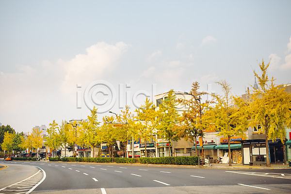 사람없음 JPG 포토 가을(계절) 거리 건물 구름(자연) 나무 단풍 도로 상점 서울 야외 은행나무 주간 풍경(경치) 하늘