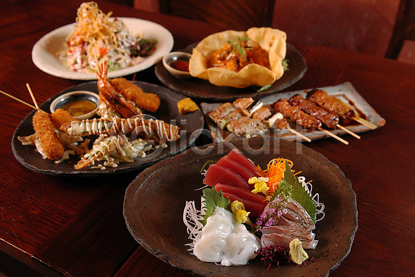 사람없음 JPG 아웃포커스 포토 꼬치 샐러드 생선회 식탁 어류 음식 일본음식 접시 튀김