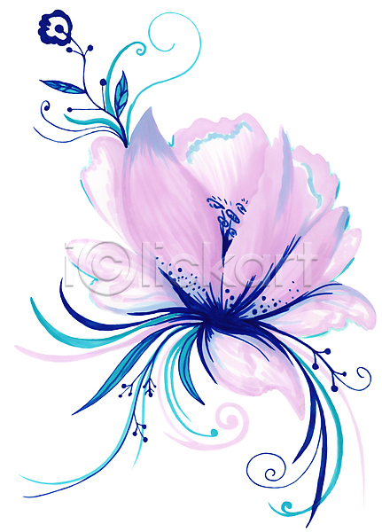 사람없음 JPG 일러스트 해외이미지 그림 꽃 냉동 백합(꽃) 번짐 붓터치 소용돌이 수채화(물감) 식물 터키석 해외202004