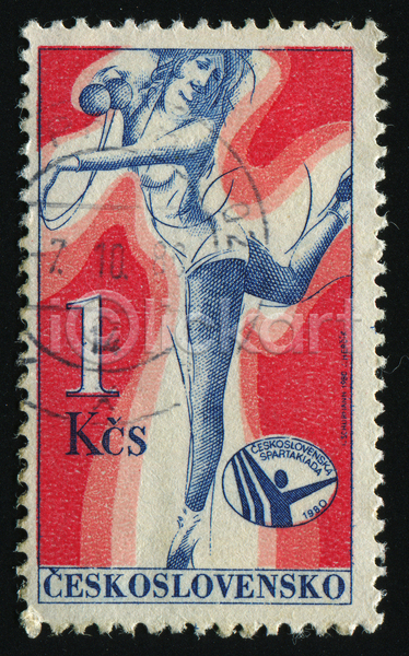 성인 성인여자한명만 여자 한명 JPG 포토 해외이미지 기념물 들기 리듬체조 리듬체조선수 미소(표정) 빨간색 올림픽 우표 전신 점프 해외202004