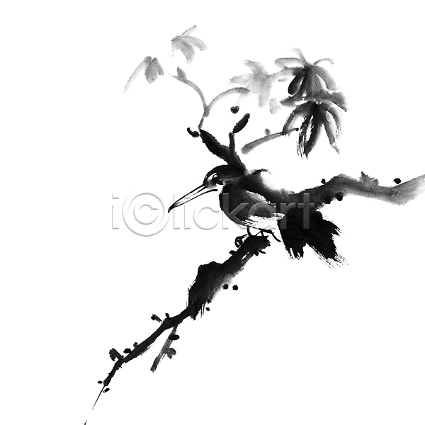 사람없음 JPG 포토 해외이미지 그림 나무 동양화 먹 미술 번짐 붓터치 조류 한마리 해외202004