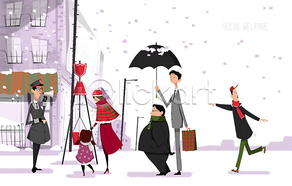 도움 복지 봉사 사회복지 남자 사람 성인 어린이 여러명 여자 PSD 일러스트 건물 겨울 구세군 구세군냄비 눈 쇼핑백 우산 캠페인 확성기