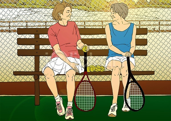 열정 청춘(젊음) 활기 노년 두명 여자 PSD 일러스트 벤치 실버라이프 앉기 야외 전신 주간 테니스 테니스공 테니스라켓 테니스장 할머니