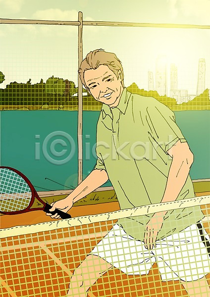 열정 청춘(젊음) 활기 남자 노년 한명 PSD 일러스트 실버라이프 야외 운동 주간 테니스 테니스라켓 테니스장 할아버지