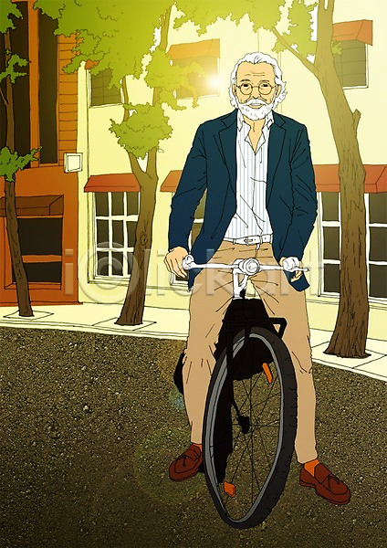 열정 청춘(젊음) 활기 남자 노년 한명 PSD 일러스트 거리 건물 나무 실버라이프 야외 자전거 전신 주간 할아버지
