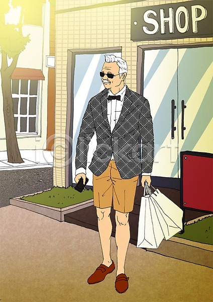 열정 청춘(젊음) 활기 남자 노년 한명 PSD 일러스트 거리 나비넥타이 멋쟁이 상점 선글라스 쇼핑 쇼핑백 실버라이프 야외 주간 할아버지