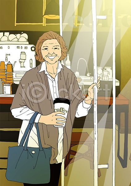 열정 청춘(젊음) 활기 노년 여자 한명 PSD 일러스트 가방 문 실버라이프 야외 종이컵 주간 카페 커피 할머니