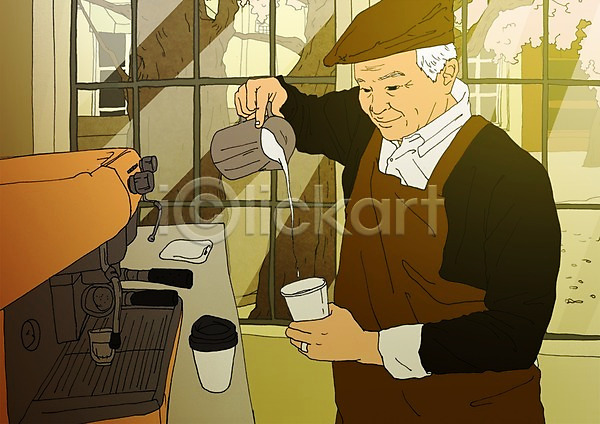 열정 청춘(젊음) 활기 남자 노년 한명 PSD 일러스트 바리스타 실내 실버라이프 종이컵 창문 카페 커피 커피메이커 할아버지