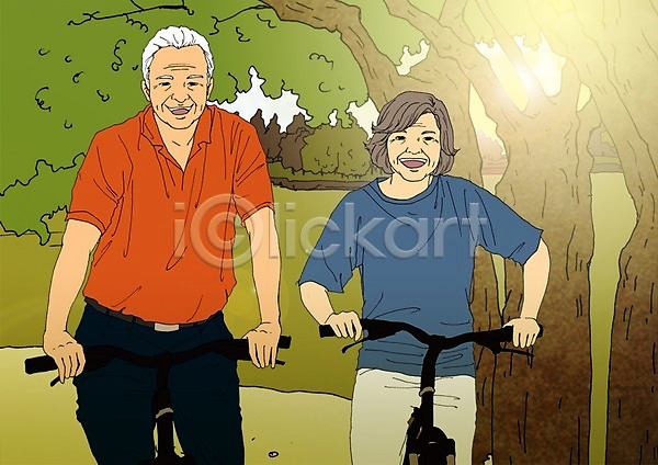 열정 청춘(젊음) 활기 남자 노년 두명 여자 PSD 일러스트 공원 나무 노부부 실버라이프 야외 자전거 주간 커플 할머니 할아버지