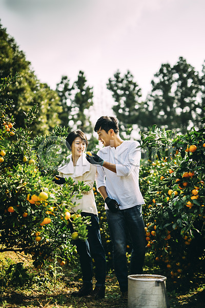 다정 30대 남자 두명 성인 성인만 여자 한국인 JPG 앞모습 포토 귤 농장 미소(표정) 부부 부부라이프 서기 수확 야외 전신 제주도 주간