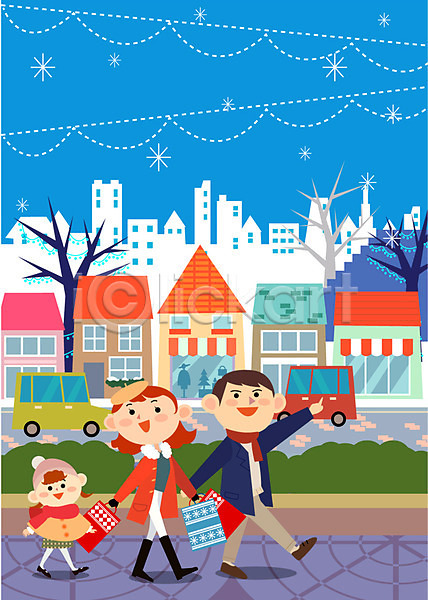 남자 성인 세명 어린이 여자 AI(파일형식) 일러스트 가족 거리 나무 눈송이 도로 빌딩 상점 쇼핑 쇼핑백 야외 자동차 주간